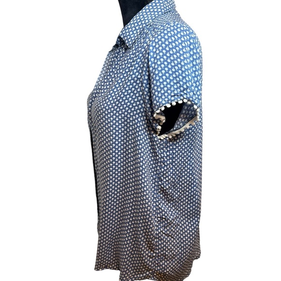 Grand & Greene | Blue and White Button Down Rayon Shirt with Arm Detail | Sz S - Picture 4 of 12